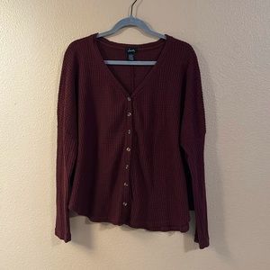 Red waffle knit soft button down dolman style long sleeve